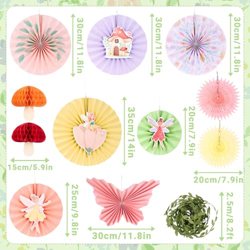 EASY JOY Fairy First Birthday Decorations Fairy Party Decors Fairy Paper Fan Set Pastel Paper Fans Butterfly Fans with Vines Hanging Mushroom Honeycomb for Baby Shower Birthday Tea Party Garden Forest - color: Fairy