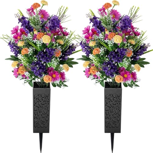 Artificial Cemetery Flowers for Grave: Memorial Day Flowers for Cemetery - Outdoor Grave Decorations - 2 Pcs Purple Violet Mums Bouquets with Vases - color: Purple & Pink