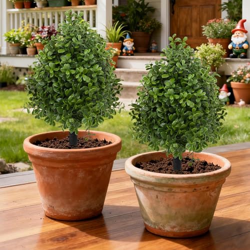 Bdor 22" Artificial Boxwood Topiary Bushes Ball Trees, Outdoor Artificial Plant Set of 2 with Ground Stakes, UV Resistant Simulated Evergreen Fake Boxwood Shrub for Indoor/Outdoor Lawns, Garden Decor - style: Boxwood