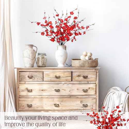 Suncalla 20 Pcs Artificial Plum Blossom Faux Flowers Silk Simulation Bouquet Flower Chinese Japanese Cherry Blossom Hibachi Party Decoration for Home Kitchen Hotel Office Wedding Party (Red,Classic) - color: Red, size: Classic