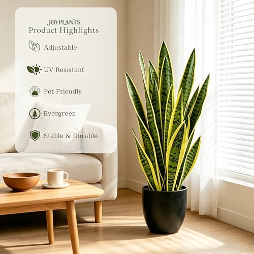 Fake Snake Plant 35'',3ft Artificial Gold Snake Plants Indoor with Black Planter, Realistic Faux Sansevieria Potted for Home Decor, Low Maintenance Greenery for Desk Office Corner Bedroom - color: Yellow-35in