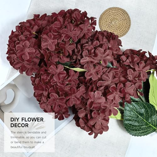 6 PCS Artificial Hydrangea Flowers, Faux Silk Hydrangea with Long Stems, Home Wedding Decor, Table Centerpieces, Party Decorations (Dark Red) - color: Dark Red