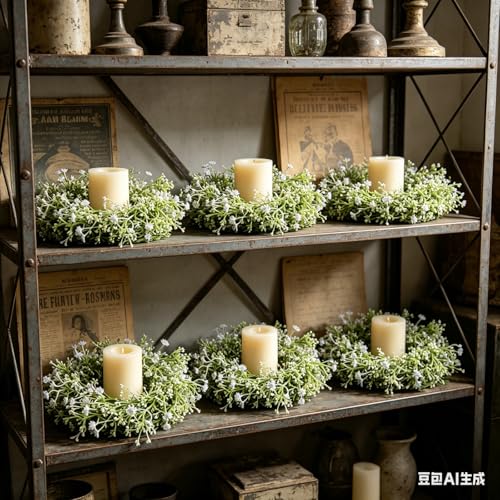 8 Pcs Mini Baby Breath Candle Rings Wreaths Gypsophila Pillar Holder Wreath Artificial Flower Spring Summer Floral Wreath for Wedding Farmhouse Porch Cabinets Table Decoration - color: Baby Breath