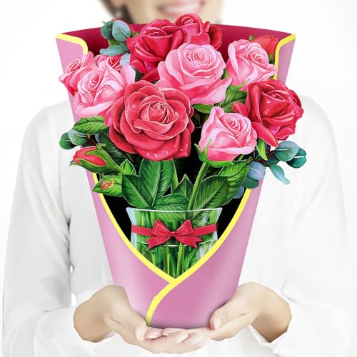 Airpark Pop Up Flower Bouquet Card for Women, 3D Floral Greeting Card with Envelope and Note, Birthday Thank You Thinking of You Get Well Gift for Mom Friend Wife Teacher, Rose - style: Red and Pink Roses