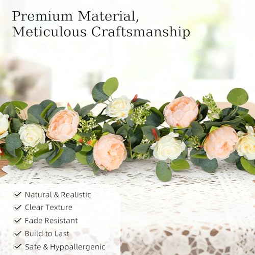 Lewondr Artificial Eucalyptus Garland with Flower - 4 Rose 4 Peony, 6FT Faux Floral Greenery Garlands Fake Flowers Vines, Maintenance-Free for Wedding Table Backdrop Party Room Decor, Mixed Champagne - color: Champagne, size: 1 Pack