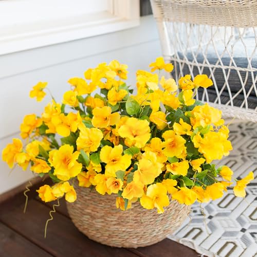 Hoppwodd Hibiscus Artificial Flowers for Outdoors Spring Decoration, 6 Bundles Faux Silk Flowers UV Resistant Look Real Artificial Tropical Flower Fake Plants for Outside Planter Porch Patio, Yellow - color: Yellow
