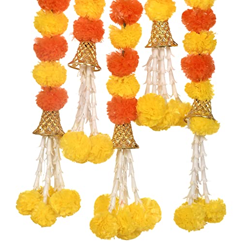 5 Pc 5 feet Long Marigold Garland for Decoration Long Strands Artificial Marigold Flowers | Indian Décor for Pooja | Wedding | Christmas | Diwali Decor (Yellow & Orange)