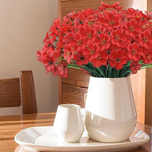 Kinisty 20 Bundles Outdoor Artificial Flowers UV Resistant with Red Faux Silk Flowers and No Fade Fake Plastic Plants for Spring Summer Outside Planters Porch Window Box Garden Decor - color: Red