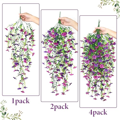 Betylifoy 4PCS Artificial Hanging Flowers Fake Hanging Plants for Outdoors UV Resistant Faux Silk Orchid Flowers Greenery Long Trailing Vines for Indoor Outside Garden Porch Decor (Light&Dark Purple) - color: Light&dark Purple