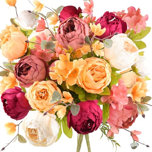 FiveSeasonStuff Artificial Peony Bouquets, 2 Silk Flower Bundles in Peach, Coral, Cream & Burgundy with Hydrangeas for Wedding Centerpieces & Home Decor (Country Delightful) - color: Country Delightful (Orange, White, Pink & Red)