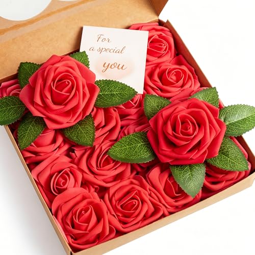 16 Pcs Fake Red Roses Artificial Flowers | Red Foam Roses with Stems, Artificial Flowers for DIY Wedding Bouquets, Centerpieces, Party, Home Decor - color: Red Flowers