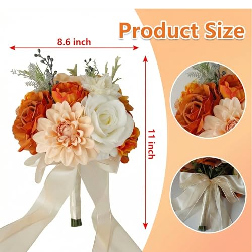 8.6 Inch Wedding Bouquets for Bride, Realistic Silk Bridal Bouquet, Burnt Orange and White Artificial Wedding Rose Bouquet, for Autumn Wedding, Proposal, Thanksgiving and Venue Decoration - color: Burnt Orange