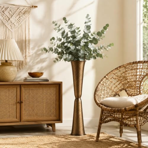 Sziqiqi Gold Tall Floor Vase: 29.5in Bronze Metal Large Vase with Grid Texture - Decorative Floor Vases for Fireplace Living Room Modern Big Standing Holder for Dining Bedroom Home Decor Corner - color: Gold