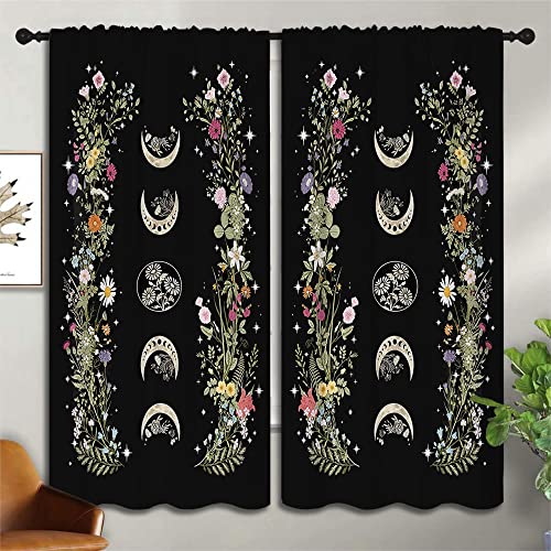 Boho Floral Wildflower Rod Pocket Blackout Curtains for Teen Bedroom,Retro Moon Phase Moonlit Garden Witchy Gothic Aesthetic Energy Efficient Home Window Drapes for Living Room Noise Reducing,55x63in - color: Boho Floral Wildflower-004, size: 55"W x 63"L