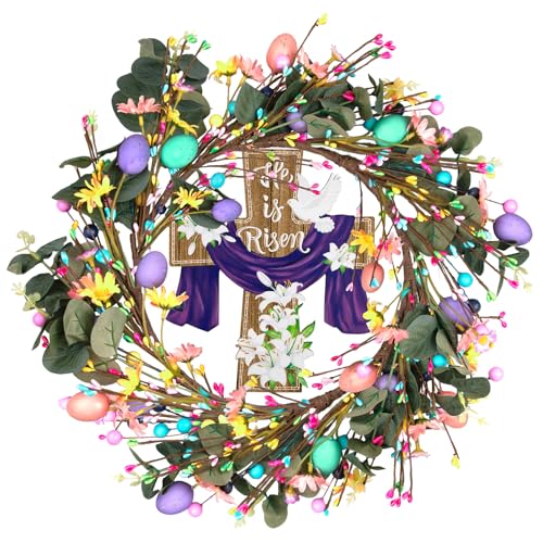 20 Inch Easter Wreaths with Cross Artificial Easter Eggs and Flowers Wreath for Front Door Spring Door Hanging Decorations for Home Party Holiday Celebrations Window Wall Decor - color: Easter-3