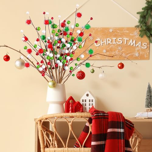Sggvecsy 6Pcs Artificial Berry Stems 16inch Christmas Tree Picks Red Green White Berry Picks Fake Christmas Berry Branches for Floral Arrangements Christmas Tree Holiday Home Xmas DIY Crafts Decor - color: Green and Red