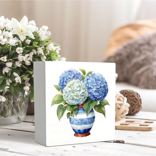 Hydrangea Floral Decor Wooden Signs,Blue And White Porcelain Chinoiserie Wooden Box Sign,Blue Hydrangea Desk Accessories Decor For Home Desk Tabletop Shelf Decoration 5x5 Inches - color: Hydrangea Floral