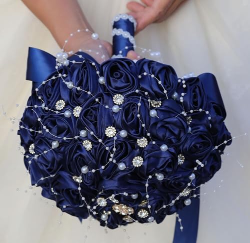 Ujicde Romantic Wedding Bouquet Bridal Bridesmaid Round Bling Brooch Bouquet Throw Toss Artificial Rose Flower Bunch with Sparkle Rhinestone Crystal Decoration(Navy Blue,Dia. 6.3"*16cm) - color: Navy Blue, size: Dia. 6.3"*16cm