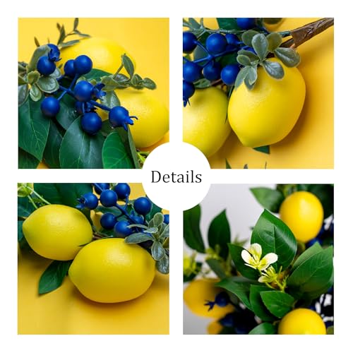 13 Inch Artificial Lemon Branches (6 Pack), Lifelike Faux Fruit Lemon Blueberry Stems for Home Decor Wedding Flower Arrangements Holiday Decorations
