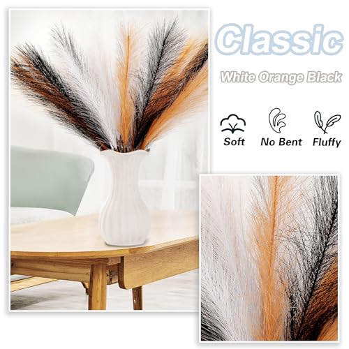 Pampas Grass Small, Black&White&Orange 30 Pcs 17" Faux Pampas Grass Short Decor, Pompas Grass Flower Arrangement and Vase Filler for Halloween Decoration - color: Black&white&orange, size: 17'' Tall
