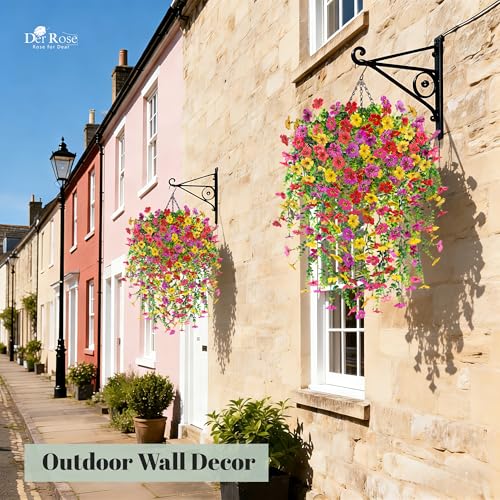 Der Rose 2Pcs Artificial Hanging Flower Basket for Outdoors Fake Hanging Flowers Plants with 4 Faux Silk Trailing Vines for Porch Patio Balcony Spring Decor - color: Multi-color-d