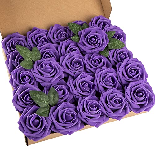 25pcs Artificial Flower Foam Rose Real Touch Roses Flower Heads with Stem for DIY Wedding Bouquets Centerpieces Arrangements Party Baby Shower Home Decor (Deep Purple) - color: Deep Purple
