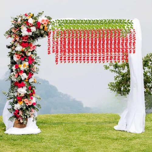 Artificial Wisteria Hanging Flowers Fake Wisteria Flower Garland Silk Vines Rattan Decor for Home Wedding Arch Wall Garden Greenery Bedroom Outdoor Office Party Decoration (36, Red) - color: Red