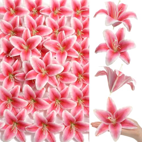 Suncalla 30 Pack Large Artificial Lilies Flower Heads with Realistic Stamens 5.9" Faux Fake Lily Flower Heads Bulk for DIY Crafts Cake Wedding Bridal Wreaths Table Home Party Decor(Dark Pink) - color: Dark Pink