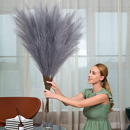 Faux Pampas Grass 6 Stems, Artificial Pampas Grass - 43''/3.6FT Total Extra Large Pompass Grass Tall Pompous Boho Flower Arrangement and Floor Vase Filler Home Decor for Room Wedding Party (Grey) - color: Grey