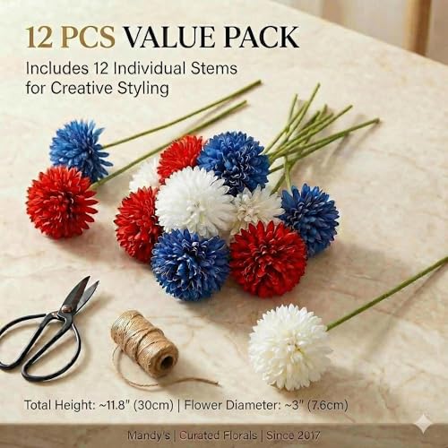 Mandy's 12pcs Artificial Red White Blue Chrysanthemum | 11.8 inch Artificial Mums Flowers for Home Table Centerpiece Summer Decor Silk Flowers for Porch Patio and Wedding - color: Red White Blue