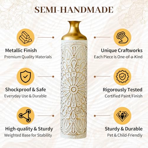 Floor Vases, Tall Home Decor Metal Vase Set of 3 Large Glazed Decorative Vases for Wedding Decor, Elegant Modern Flower Holder for Living Room, Entryway, Hallway - color: Floral Ivory Gold