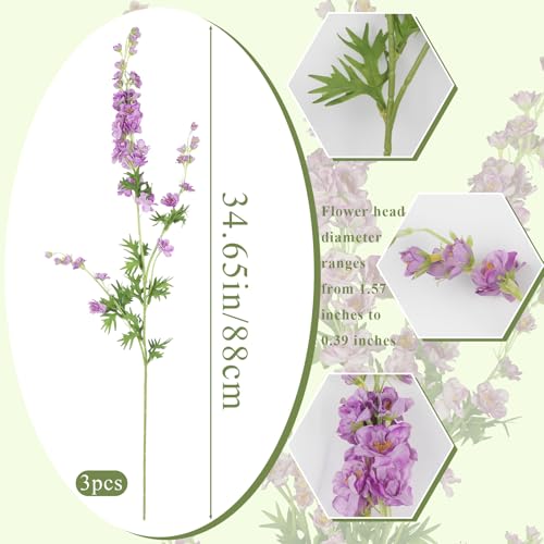CITYES 3 Pcs Delphinium Artificial Flowers Bulk 35" Long Stem Silk Larkspur Flowers Purple Artificial Snapdragon Flower Stems Faux Bouquets for Tall Vase Floral Arrangements Home Outdoor Wedding Decor - color: Light Purple