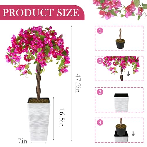 Artificial Bougainvillea Tree 4FT, Fake Silk Floral Tree with White Planter, Decorative Topiary Plant, Potted Faux Flower Tree for Home Porch Decor Indoor Outdoor - color: Rose Red, size: 4ft