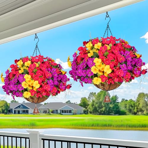 Dolicer 2 Packs Look Real Artificial Hanging Flowers for Outdoors, Realistic Artificial Flowers for Outdoors Hanging Basket UV Resistant Fake Hanging Flowers Plants for Outdoor Porch Patio Balcony - color: Purple+yellow+fuchsia, size: 2PACKS