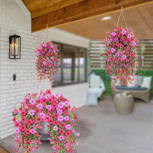 Artificial Fake Hanging Flowers Plants for Outdoor Outside Spring Summer Decoration 2PCS Faux Silk UV Resistant Realistic Mums Daisy with Eucalyptus for Home Porch Patio Balcony(Hot pink & Magenta) - color: Magenta & Hot Pink
