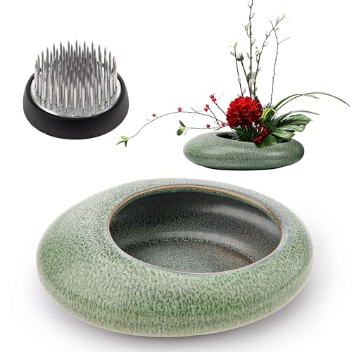 Folmywy Japanese Ikebana Flower Frog Vase Kit Flower Arrangement with 1.57 Inch Kenzan Ceramic Flower Stem Holder Green Round Bowl Pot for Home Table Decor Art Supplies (5.51x4.13in) - color: Green