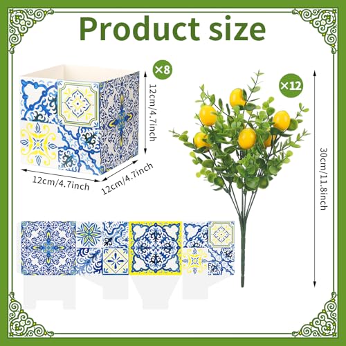 Giegxin Blue Tiles Lemon Table Centerpiece Decor Amalfi Coast Box Decorations with Artificial Lemon Branches for Capri Mediterranean Positano Wedding Birthday Party Decor(4 Sets)