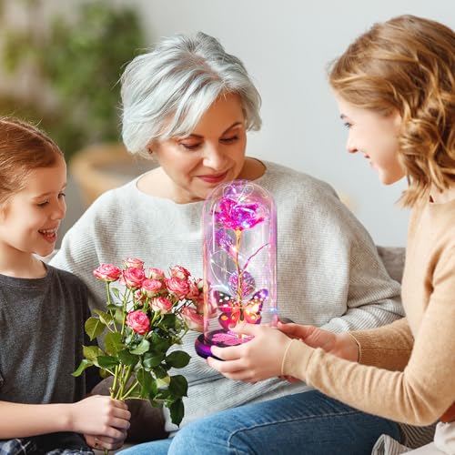 Mothers Day Mom Gifts for Mom Women Birthday Gift Galaxy Glass Rose in Glass Dome Forever Eternal Crystal Flowers with Butterfly Mother's Day Flowers Gifts for Women Wife Grandma Daughter Sister Pink - color: D Pink