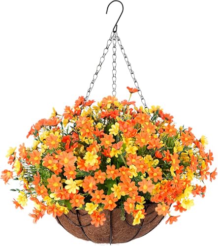 Ammyoo Artificial Hanging Flowers with Basket for Spring Outdoor Decor, Fake Mums Hanging Plant, Faux Daisy Flowers Uv Resistant for Patio Garden Porch Deck Indoor Decoration(Orange) - color: Orange
