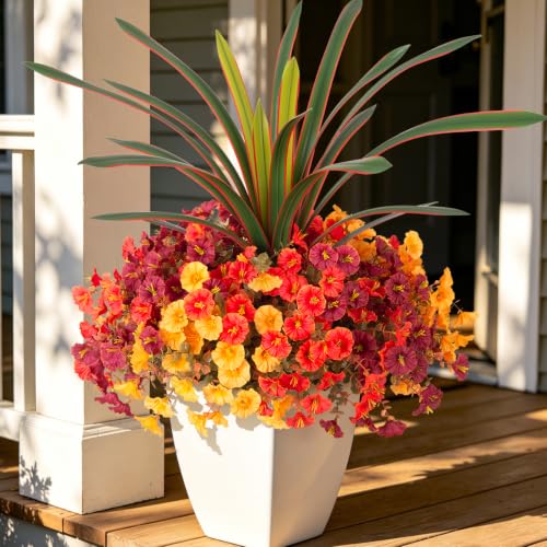 INXUGAO 13 Pcs Artificial Fall Flowers for Outdoors Fake Plant Autumn Decor | 12 Bundles Silk Morning Glory + Orchid Leaf UV Resistant Fake Flowers for Porch Planter Garden Patio Decor (Autumn Mixed) - color: Autumn Mixed