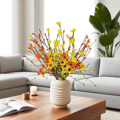 RHN Fall Decorations for Home,6 Pcs Fall Flowers Artificial with Daisies Forsythia Flowers Berry Leaf Stem for Autumn Harvest Thankgiving Home Table Vase Centerpiece Decor（Yellow Orange） - color: Yellow Orange
