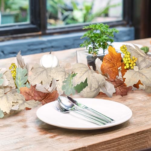 Fall Garland with Pumpkins and Berries – 6ft Artificial Maple Leaf Garland with Cream and Orange Leaves for Thanksgiving, Fireplace, Front Door, Farmhouse Autumn Decorations - color: Orange