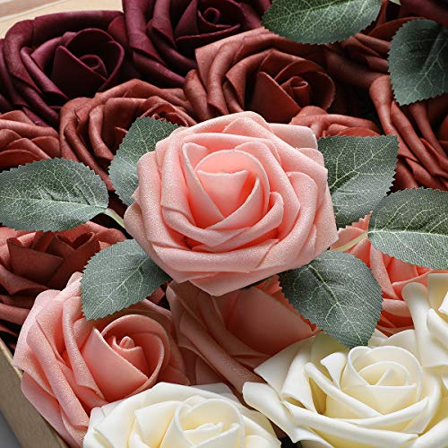 DerBlue 60pcs Artificial Roses Flowers Real Looking Fake Roses Artificial Foam Roses Decoration DIY for Wedding,Arrangements Party Home Decorations (Shades of Burgundy, 60pcs Regular 3") - color: Shades of Burgundy