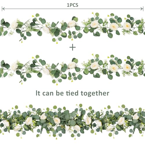 TOCHGREEN 4 Pack Artificial Eucalyptus Flower Garland with White Roses, Fake Rose Flower Greenery Garland Floral Vines for Wedding Home Party Table Runner Decor (4PCS, White) - color: White, size: 4PCS