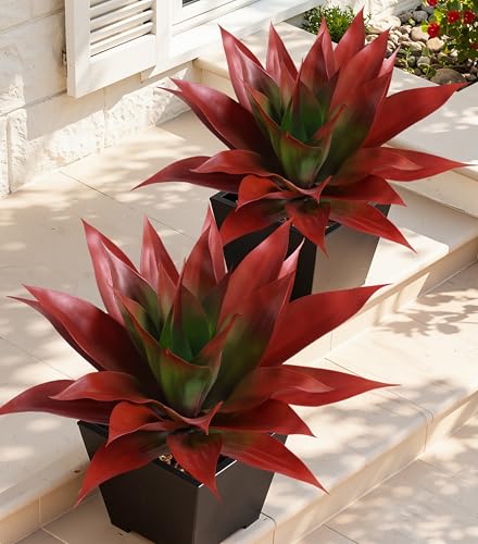 Ivydale Outdoor Faux Plants, 2 PCS 28" Artificial Agave Plant for Outdoors Outside Decoration, Large Fake Plants Realistic Greenery UV Resistant for Planter Porch Patio Yard Garden Indoor(Red) - color: Red, size: 28 Inches