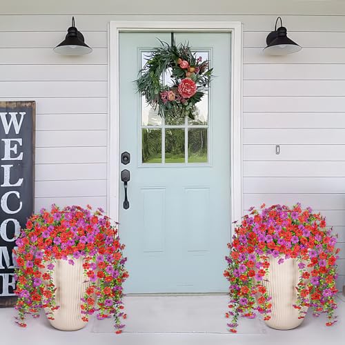 Fake Artificial Hanging Flowers for Outdoors Decoration, 2 PCS Faux UV Resistant Artificial Outdoor Flowers, Fake Plants Look Real Daisy No Fade Spring Decor for Porch Home Patio Balcony and Yard - color: Hanging Flower (Red Purple)