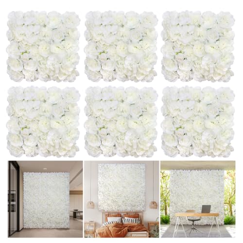 Flower Wall Backdrop 6 Piece 16.5x16.5inch White Silk Rose Wall Decor Artificial Floral Panel Ideal for Wedding Celebrations Arrangement Festive Party Backdrops and Elegant Home Decor - color: White, size: 16.5inch