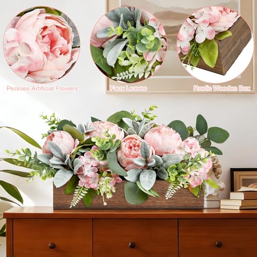 Pink Floral Centerpieces for Table, Pre-Made Artificial Peonies Hydrangea Centerpieces for Dining Table Wood Fake Flower Decorations for Wedding Living Room Party Bar Kitchen Table - color: Pink