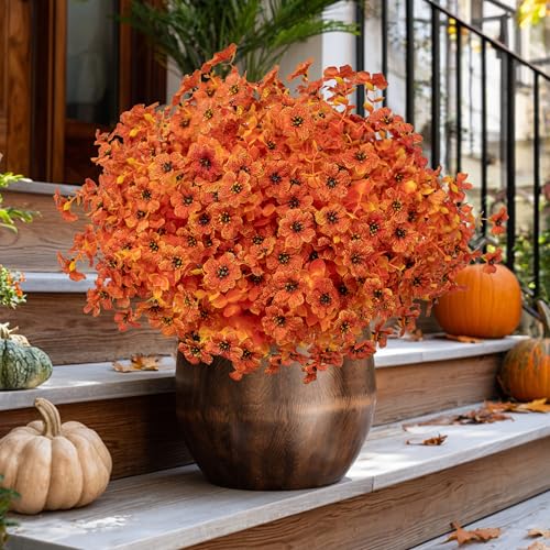 AXYLEX Artificial Fall Flowers Outdoor Fake Mums - 16 Bundles Fake Plants UV Resistant No Fade Faux Plastic Greenery Garden Porch Patio Fall Home Decor (Orangeyellow) - color: Orangeyellow