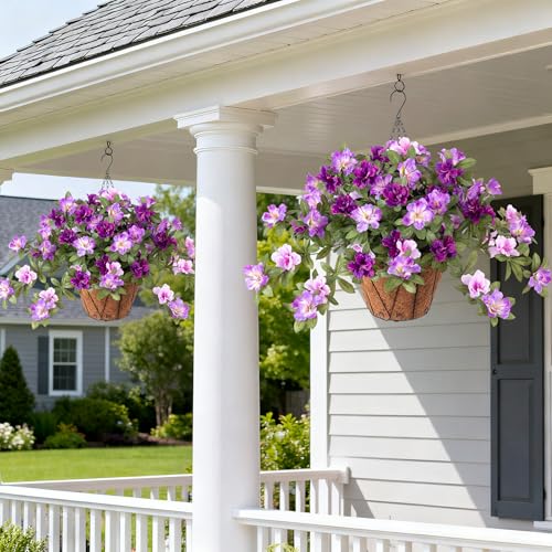 Ammyoo Artificial Hanging Flowers for Outdoors Hanging Baskets, 3 Pcs Fake Silk Flower with Hanging Baskets Planter for Spring Summer Garden Porch Patio Yard Outside Decor - color: X-deep-purple Light-purple Lotus With Basket